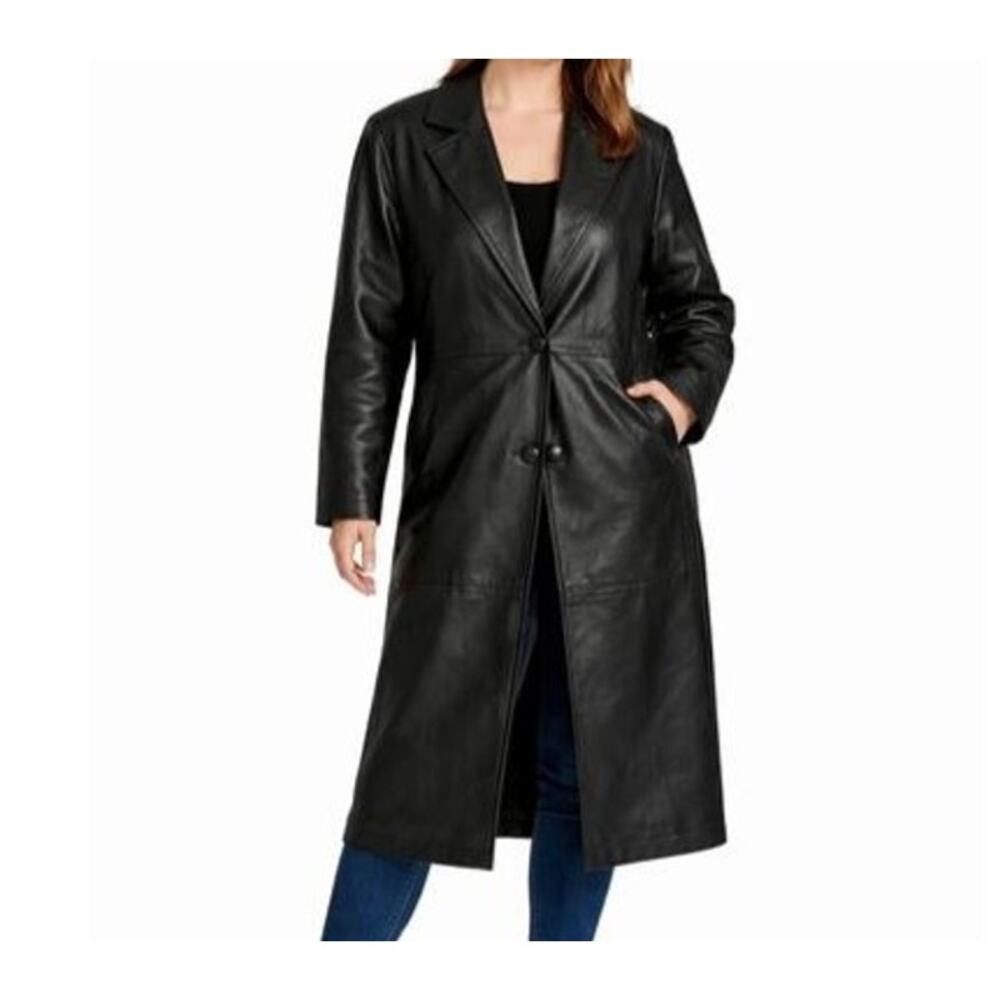 G-III Black Leather Trench Coat Womens Size M Long Maxi Jacket Button Front Vntg - Picture 4 of 14
